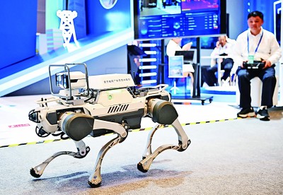 網(wǎng)絡(luò)安全博覽會(huì)上的企業(yè)展示電網(wǎng)巡線機(jī)器狗。新華社記者 鄧華攝